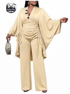 Women's 2 Piece Pleated V-Neck Top and Wide Leg Pants Set Casual Outfit